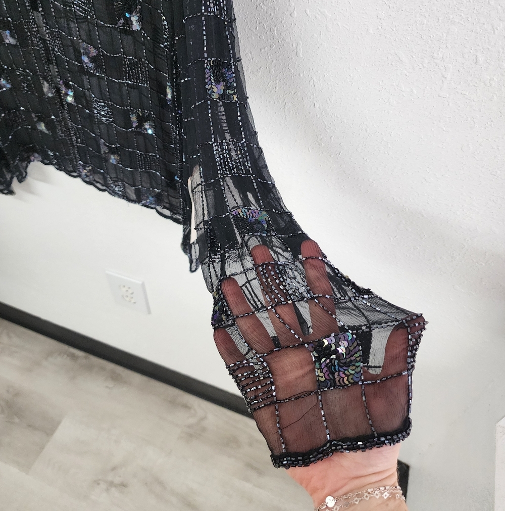 VTG NWT Chic Black Sheer Fully beaded checkered pattern Women's Blouse sz 2X - Picture 4 of 6